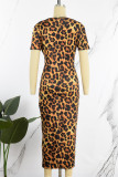 Leopard Print Casual Print Leopard Basic V Neck Short Sleeve Dress