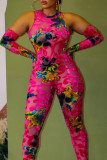 Blue Sexy Print Patchwork O Neck Skinny Jumpsuits