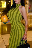 Green Sexy Striped Print Patchwork Halter Pencil Skirt Dresses