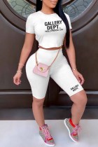 White Sexy Print Backless Letter O Neck Short Sleeve Two Pieces