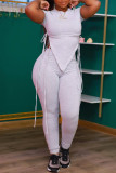 Grey Casual Solid Bandage Patchwork Asymmetrical O Neck Short Sleeve Two Pieces