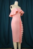 Pink Sexy Solid Patchwork Backless Strapless One Step Skirt Dresses