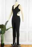 Blue Sexy Solid Backless V Neck Skinny Jumpsuits