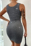 Silver Sexy Solid Hollowed Out V Neck Vest Dress Dresses