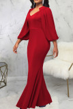 Blue Elegant Solid Patchwork Asymmetrical Collar Evening Dress Dresses