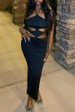 Black Sexy Solid Bandage Hollowed Out Backless Slit Halter Sleeveless Dress Dresses