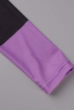 Purple Casual Patchwork Contrast O Neck Long Sleeve Two Pieces