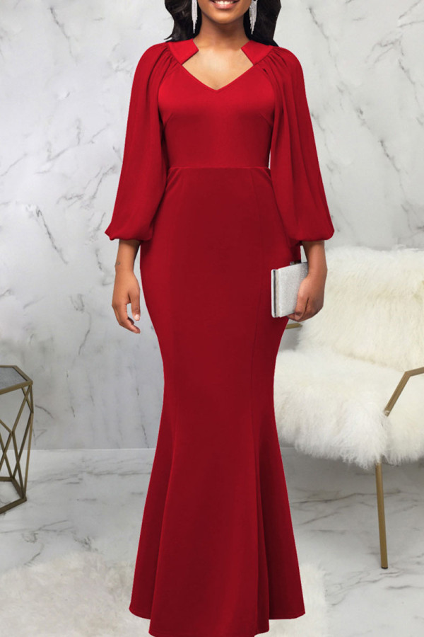 Red Elegant Solid Patchwork Asymmetrical Collar Evening Dress Dresses