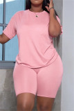 Pink Casual Solid Basic O Neck Short Sleeve Two Pieces