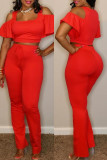 Red Fashion Casual Solid Hollowed Out U Neck Short Sleeve Two Pieces