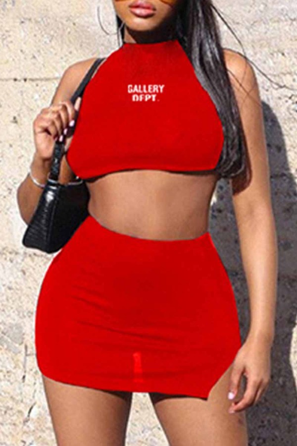 Red Street Print Letter O Neck Sleeveless Two Pieces