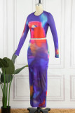 Blue Sexy Print Basic O Neck Long Sleeve Two Pieces