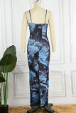 Blue Sexy Print Backless Spaghetti Strap Long Dress Dresses