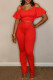 Red Fashion Casual Solid Hollowed Out U Neck Short Sleeve Two Pieces