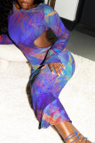 Blue Sexy Print Hollowed Out Patchwork See-through Backless O Neck Pencil Skirt Dresses