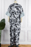 Grey Casual Camouflage Print Patchwork Outerwear