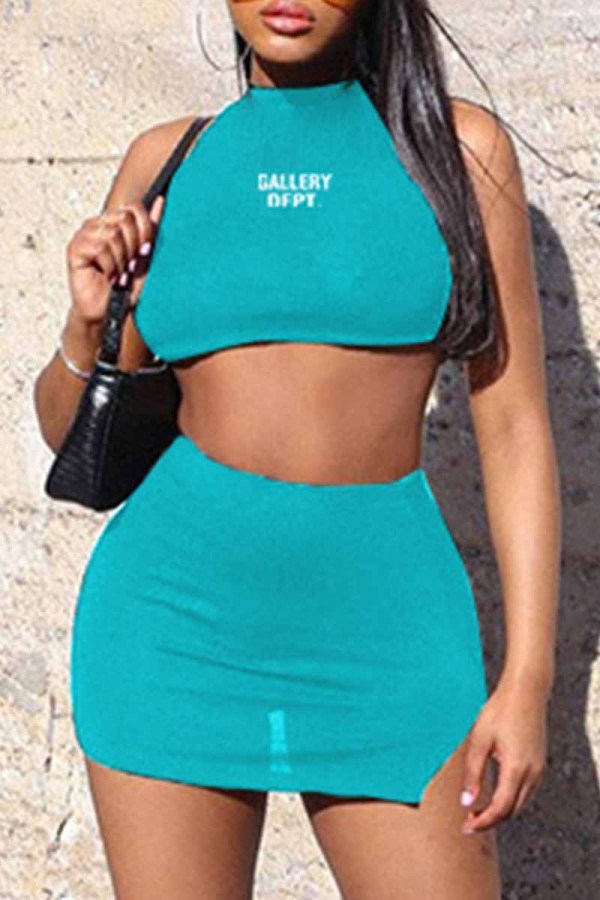 Sky Blue Street Print Letter O Neck Sleeveless Two Pieces