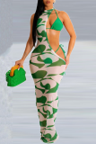 Green Sexy Print Hollowed Out Sleeveless Three Pieces