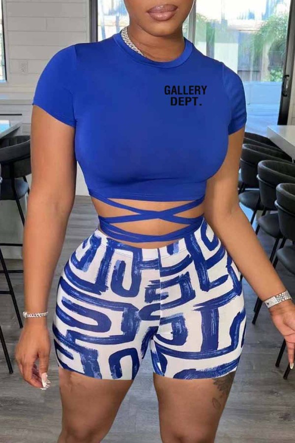 Blue Casual Print Letter O Neck Short Sleeve Two Pieces