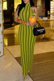 Green Sexy Striped Print Patchwork Halter Pencil Skirt Dresses