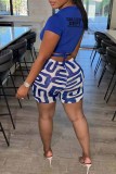 Blue Casual Print Letter O Neck Short Sleeve Two Pieces