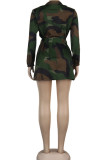 Camouflage Casual Camouflage Print Bandage Patchwork Buckle Turndown Collar Plus Size Overcoat