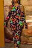 Blue Sexy Print Patchwork O Neck Skinny Jumpsuits