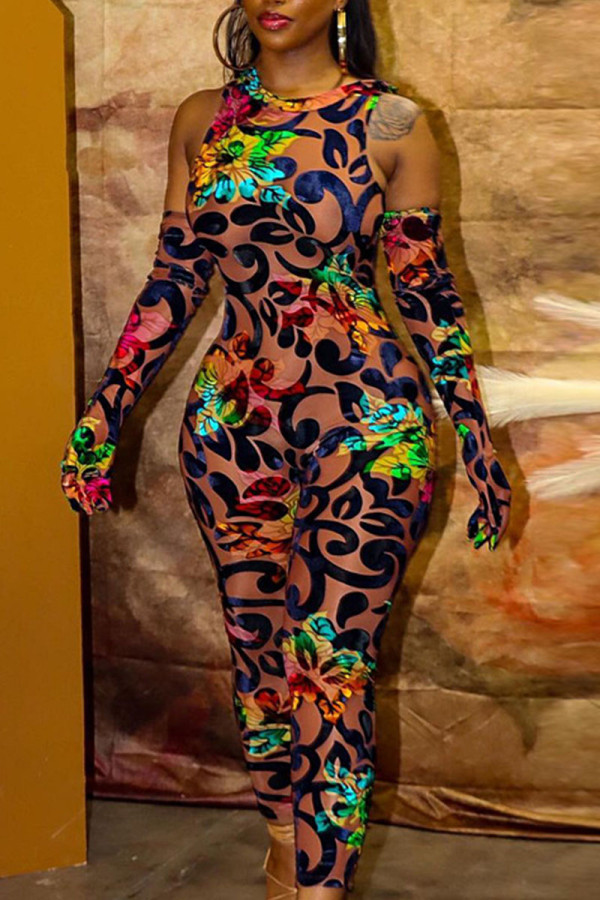Khaki Sexy Print Patchwork O Neck Skinny Jumpsuits