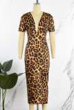 Leopard Print Casual Print Leopard Basic V Neck Short Sleeve Dress