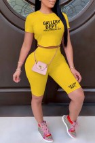 Yellow Sexy Print Backless Letter O Neck Short Sleeve Two Pieces