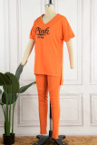 Orange Casual Letter Print V Neck Short Sleeve Two Pieces