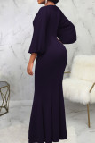Blue Elegant Solid Patchwork Asymmetrical Collar Evening Dress Dresses