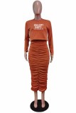 Brick Red Street Print Letter O Neck Long Sleeve Two Pieces