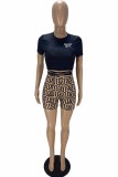 Blue Casual Print Letter O Neck Short Sleeve Two Pieces