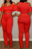Red Fashion Casual Solid Hollowed Out U Neck Short Sleeve Two Pieces