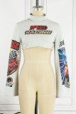 Grey Sexy Street Print Patchwork Turtleneck Tops