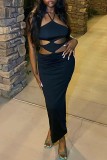 Black Sexy Solid Bandage Hollowed Out Backless Slit Halter Sleeveless Dress Dresses