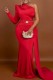 Red Sexy Formal Solid Patchwork Oblique Collar Evening Dress (Without Belt)