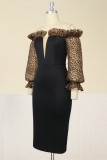 Black Sexy Leopard Patchwork Off the Shoulder Long Sleeve Dresses