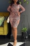 Snake Print Casual Print Hollowed Out O Neck Long Sleeve Dresses