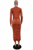 Brick Red Street Print Letter O Neck Long Sleeve Two Pieces