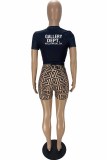 Blue Casual Print Letter O Neck Short Sleeve Two Pieces