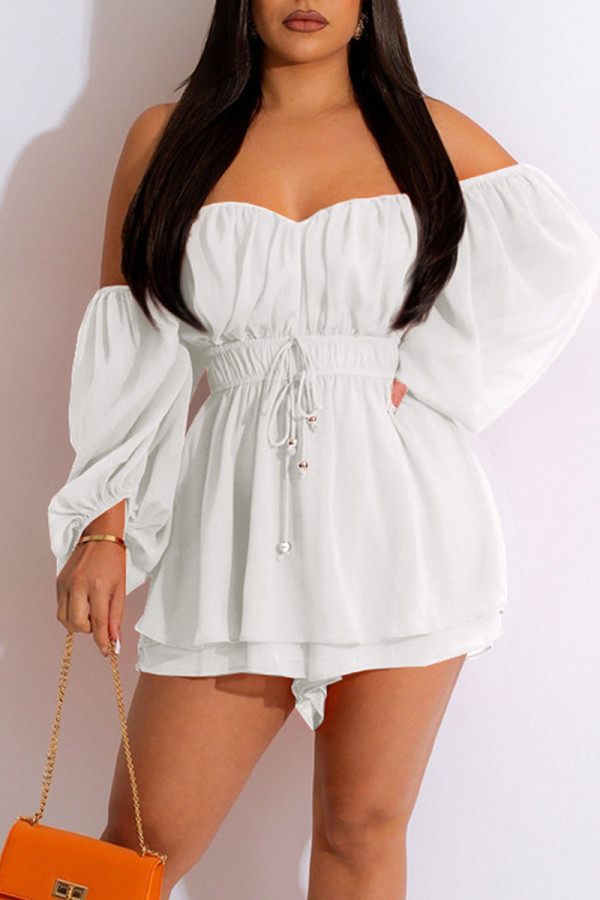White Elegant Solid Patchwork Off the Shoulder Straight Rompers