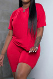 Red Casual Solid Basic O Neck Short Sleeve Two Pieces