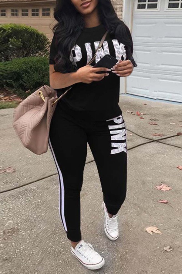 Black Casual Sportswear Letter Print Patchwork O Neck Short Sleeve Two Pieces