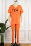 Orange Casual Letter Print V Neck Short Sleeve Two Pieces
