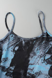 Blue Sexy Print Backless Spaghetti Strap Long Dress Dresses