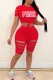 Red Casual Print Ripped Letter O Neck Short Sleeve Two Pieces