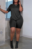Red Casual Solid Basic O Neck Short Sleeve Two Pieces