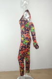 Blue Sexy Print Patchwork O Neck Skinny Jumpsuits